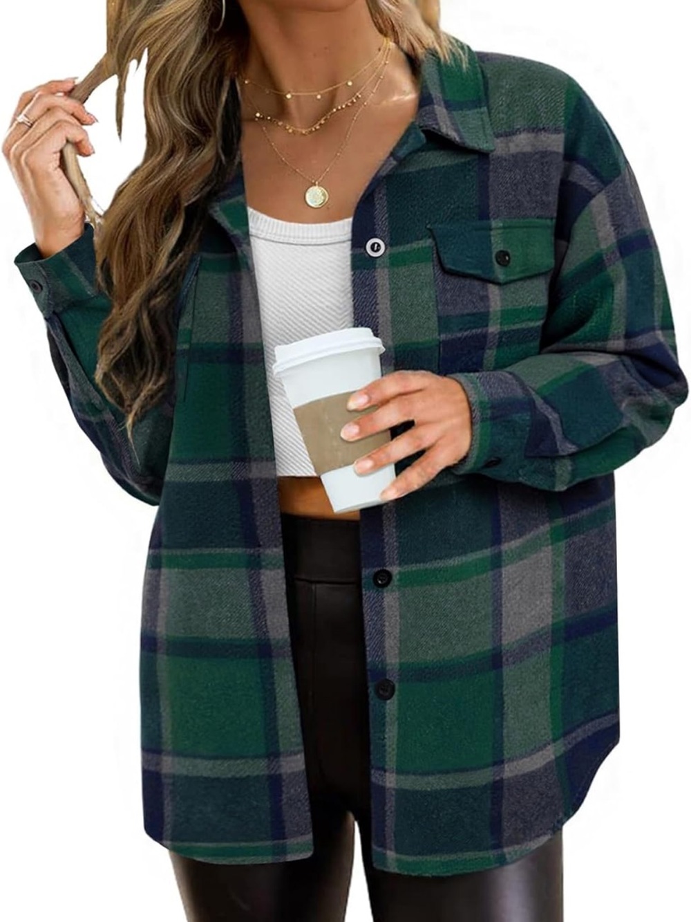 Women’s Green Plaid Button-Down Shacket